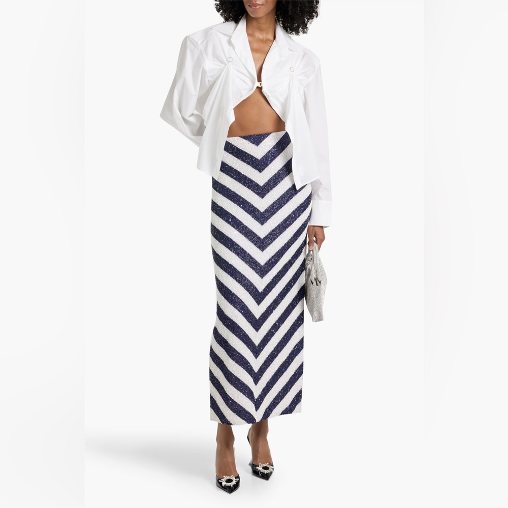 STAUD St. Tropez Sequin-And Bead-Embellished Striped Mesh Maxi Skirt